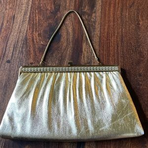 Vintage Metallic Gold Fabric Clutch Jeweled Accents Snaps Shut EUC Clean Lining